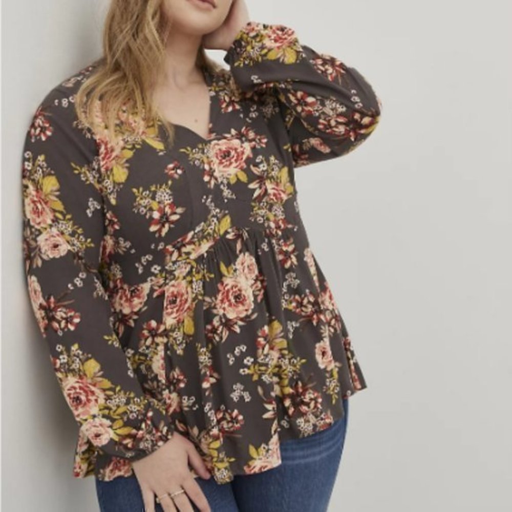 BABYDOLL BLOUSE - GAUZE FLORAL GREY